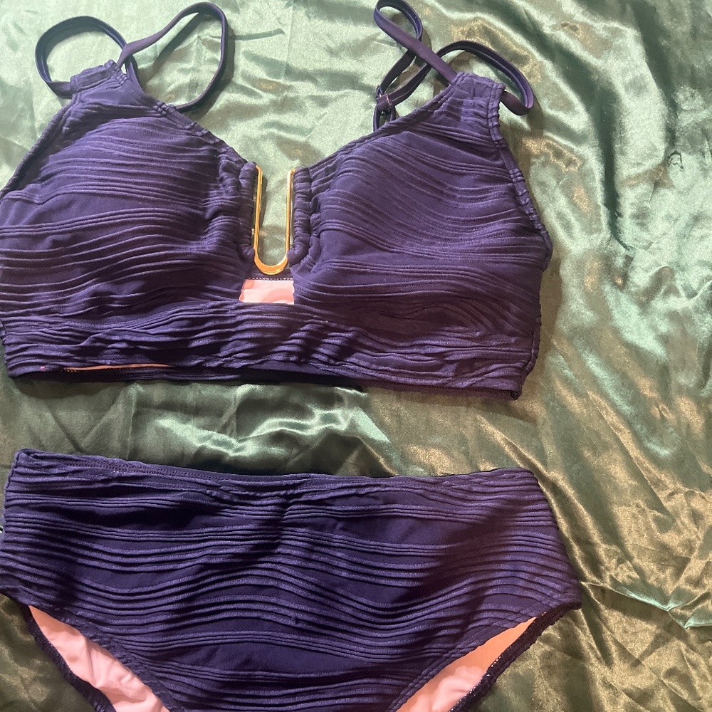 Deep Blue High Waisted Textured Bikini Swim Suit - Picture 5 of 6